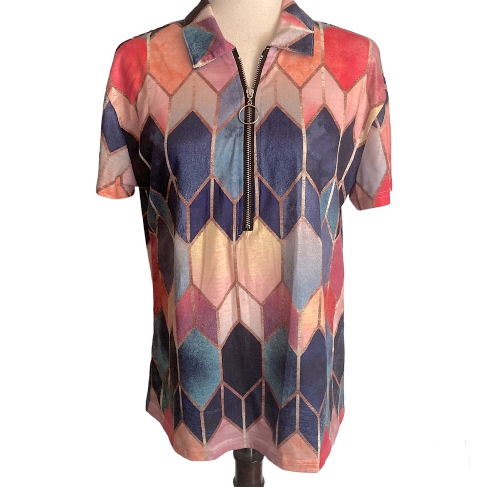 Geometric Print Short Sleeve Zipper Front Pullover Collar Shirt - M